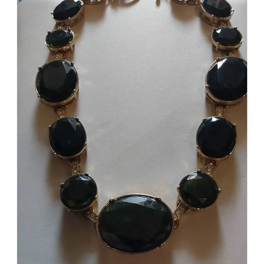 ANN TAYLOR Large Oval Faceted Deep Green & Crystal Link Statement Necklace